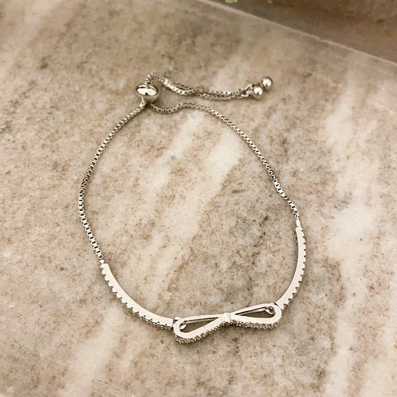925 Sterling Silver Diamond Bow Bracelet Toggle Dainty Box Chain Bracelet - Picture 4 of 5